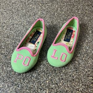 Polo Ralp Lauren Little Girls Toddler 4.5 Green Pink Slip On Fabric Casual Shoes